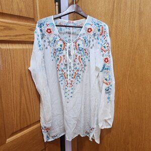 Johnny Was Floral Embroidered Tunic White Top XL See Measurement